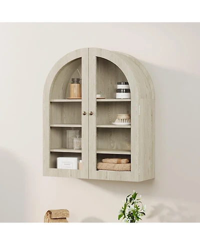 homfan Arched Bathroom Wall Cabinet with Glass Doors and Adjustable Shelves, Wood Over Toilet Storage Organizer for Bathroom and Laundry Room