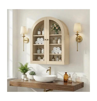 homfan Arched Bathroom Wall Cabinet with Glass Doors and Adjustable Shelves, Wood Over Toilet Storage Organizer for Bathroom and Laundry Room