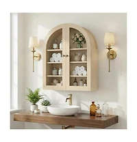 homfan Arched Bathroom Wall Cabinet with Glass Doors and Adjustable Shelves, Wood Over Toilet Storage Organizer for Bathroom and Laundry Room