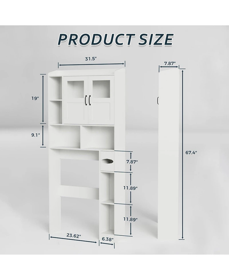 Homfan Over Toilet Storage Cabinet with Glass Doors and Adjustable Shelves, 67.4 in Tall Bathroom Organizer for Bath or Laundry