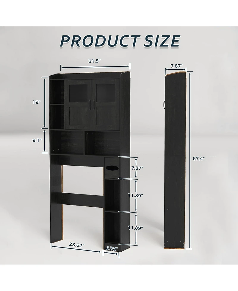 Homfan Over Toilet Storage Cabinet with Glass Doors and Adjustable Shelves, 67.4 in Tall Bathroom Organizer for Bath or Laundry