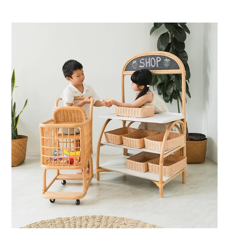 Handcrafted Rattan Kids Shopping Cart with Baby Seat