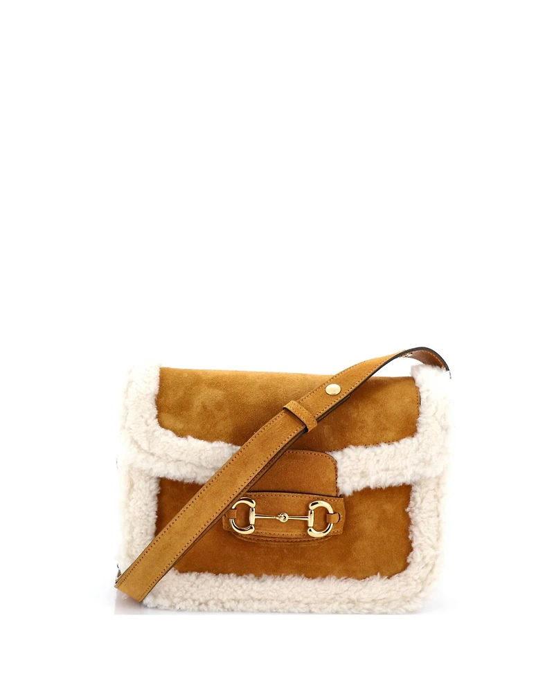 Pre-Owned Gucci Small Horsebit 1955 Shoulder Bag Suede with Shearling