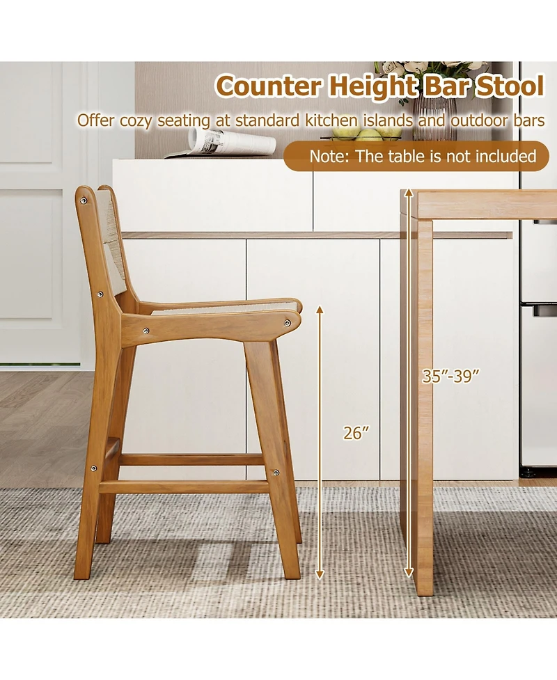 Gymax Outdoor Counter Height Bar Stool with Teak Wood Frame Back and Footrest for Balcony