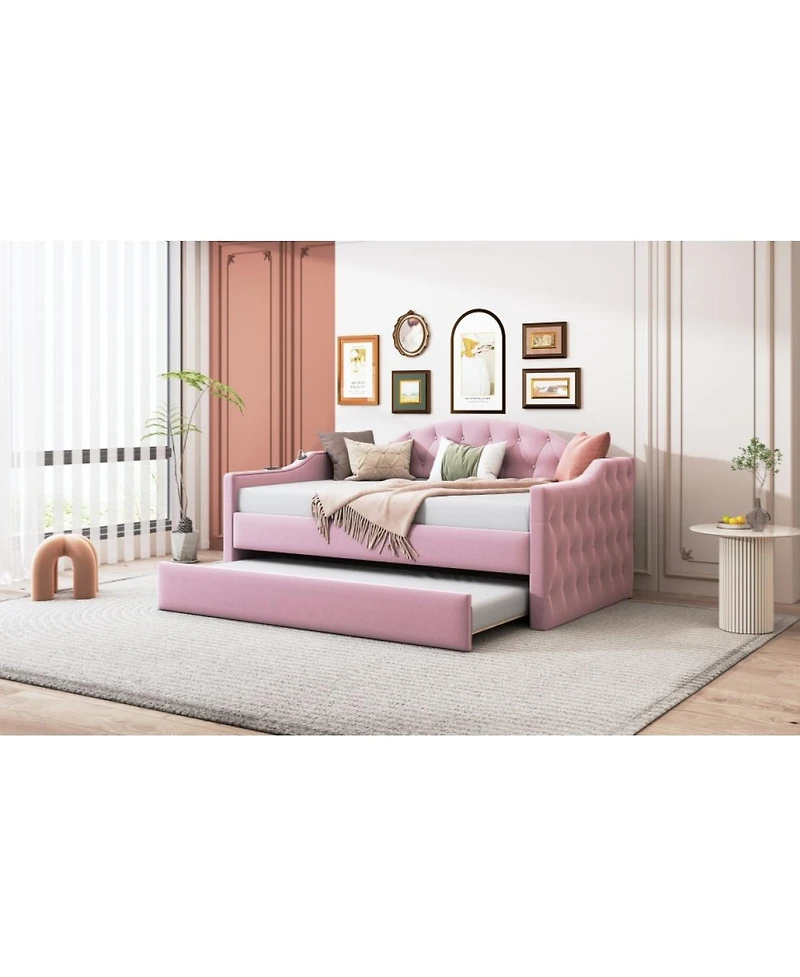 Streamdale Furniture Velvet Tufted Daybed With Trundle and Usb Charging