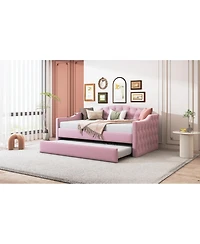 Streamdale Furniture Velvet Tufted Daybed With Trundle and Usb Charging