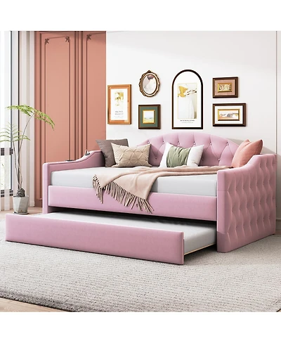 Streamdale Furniture Velvet Tufted Daybed With Trundle and Usb Charging
