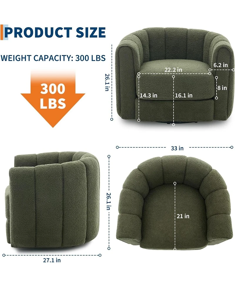 gaomon 360 Swivel Barrel Chair,Mid-Century Modern Accent Chair with Cloud-Like Comfort,Plush Teddy Fleece Upholstered Round Armchair Striped Backrest
