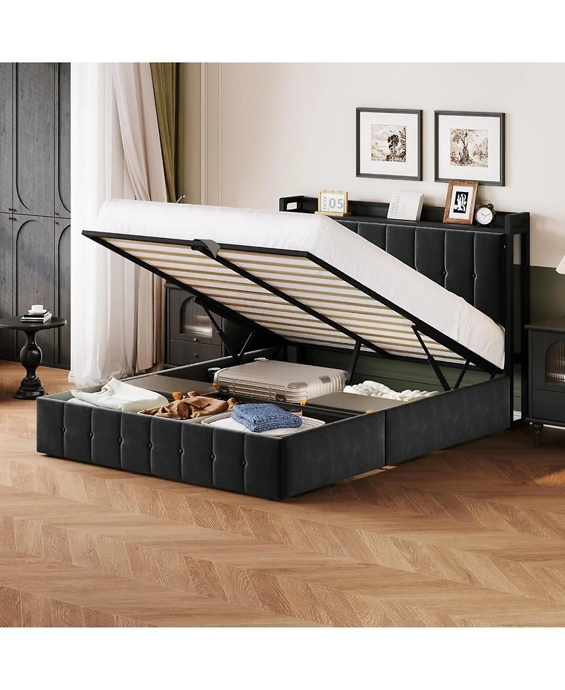gaomon Upholstered Bed Frame with Lift-Up Storage, Platform Design with Metal Support