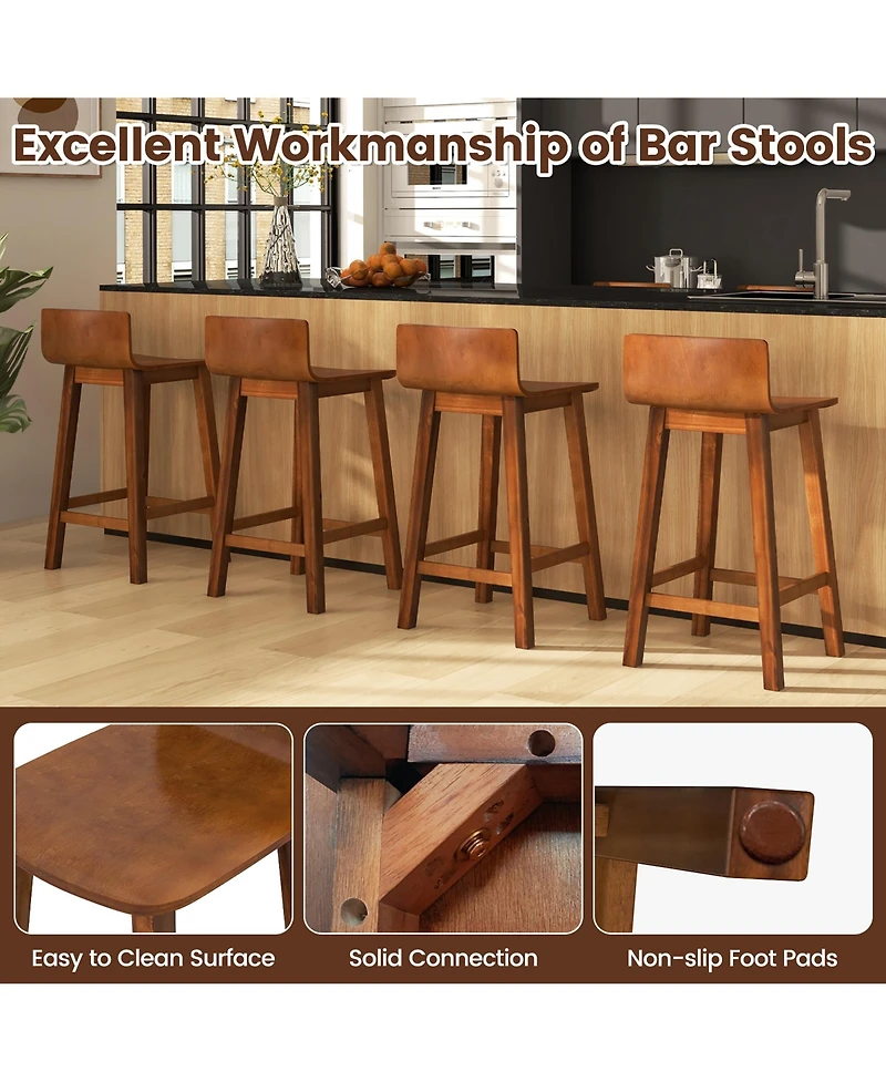 Gymax 24.5'' Solid Wood Bar Stools Set of 4 Home Counter Kitchen Stools w/ Low Backrest and Footrest