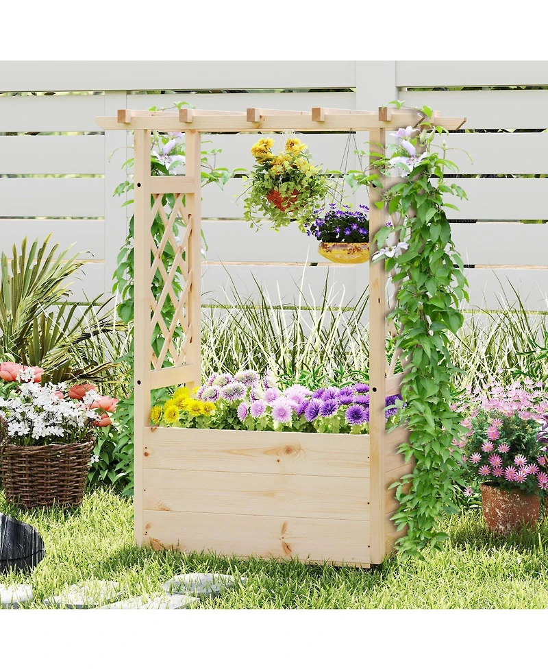 Gouun Pine Wood Elevated Planter Box with Trellis and Hanging Roof, Garden Bed