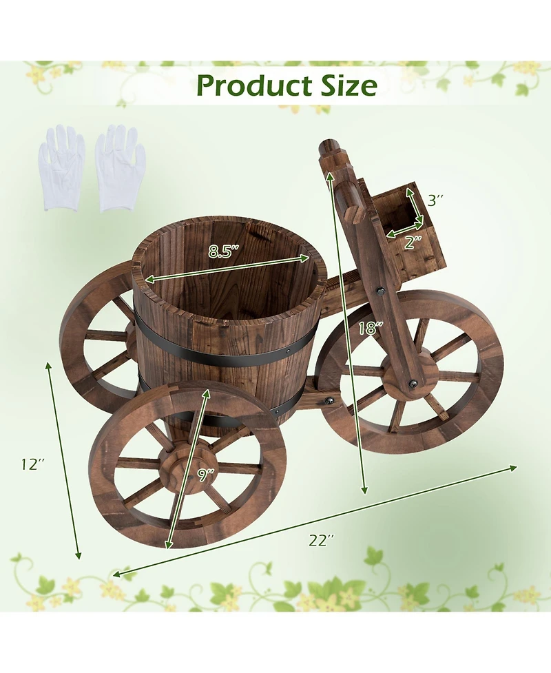 Gouun Rustic Carbonized Wood Tricycle Planter with Storage Box