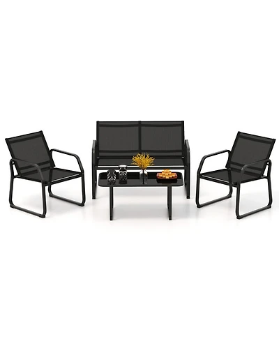 Gouun 4-Piece Patio Conversation Set with Breathable Fabric Seats and Glass Tabletop