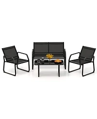 Gouun 4-Piece Patio Conversation Set with Breathable Fabric Seats and Glass Tabletop