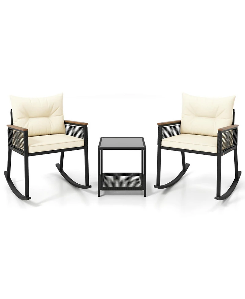 Gouun 3-Piece Pe Rattan Rocking Chair Set with Acacia Wood Armrests and 2-Tier Table