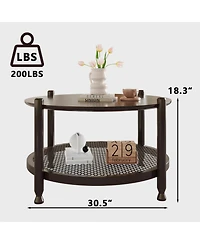 Rainsken 32" Rustic Round Coffee Table with 2-Tier Design, Boho Woven Rattan Storage Shelf for Living Room