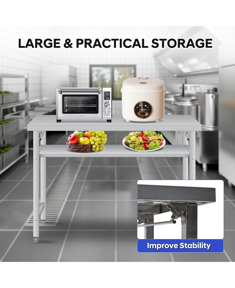 gaomon 60in Folding Stainless Steel Table- 920 Lbs Capacity- Commercial Workstation with Undershelf for Kitchen Garage