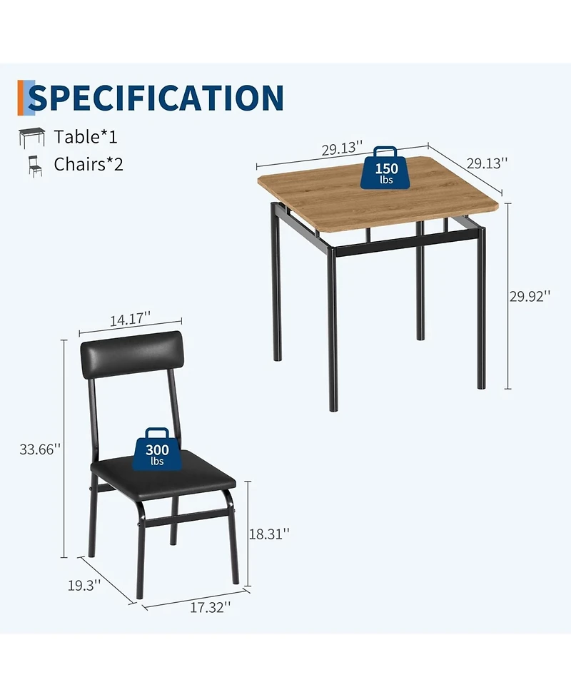 gaomon 3-Piece Dining Table Set with Wooden Top, Metal Frame and 2 Pu Upholstered Chairs, for Kitchen and Dining Room