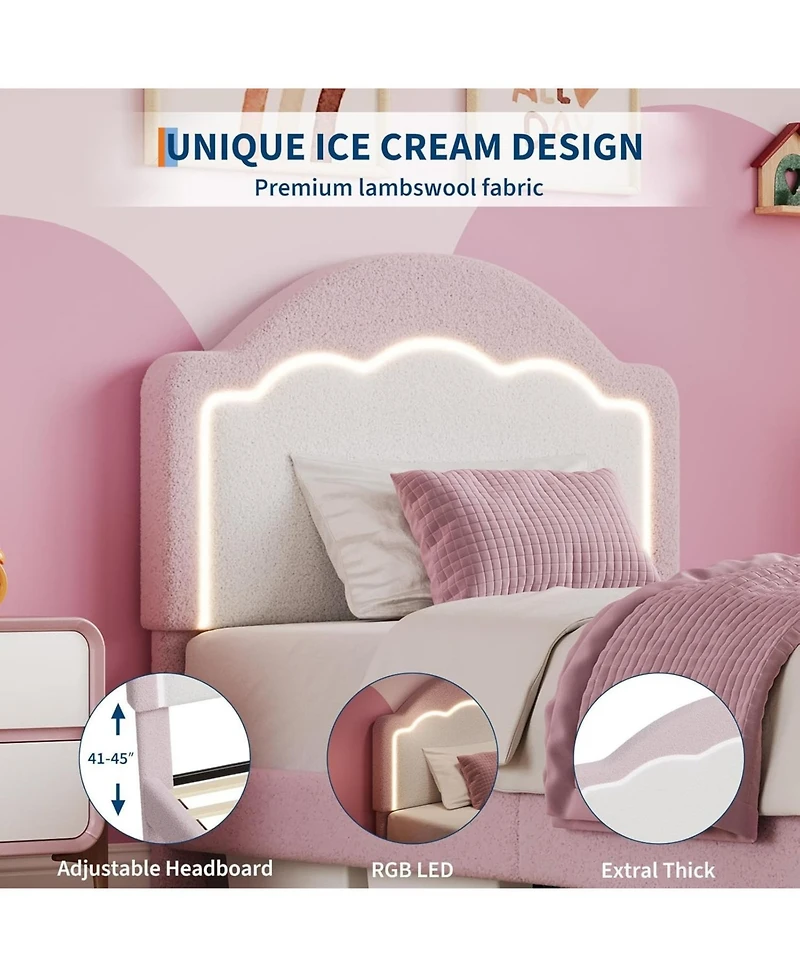 gaomon Upholstered Bed Frame with Led Lights and Adjustable Headboard, Sherpa Fabric Platform