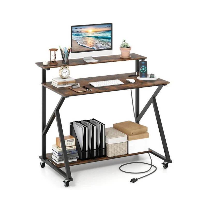 Gouun Rolling Computer Desk with Charging Station