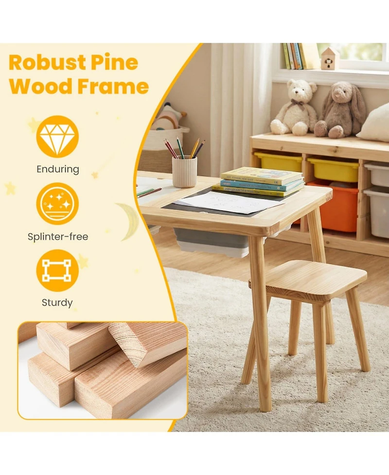 Gouun Kids Wooden Activity Table Set with Chalkboard and Foldable Bins