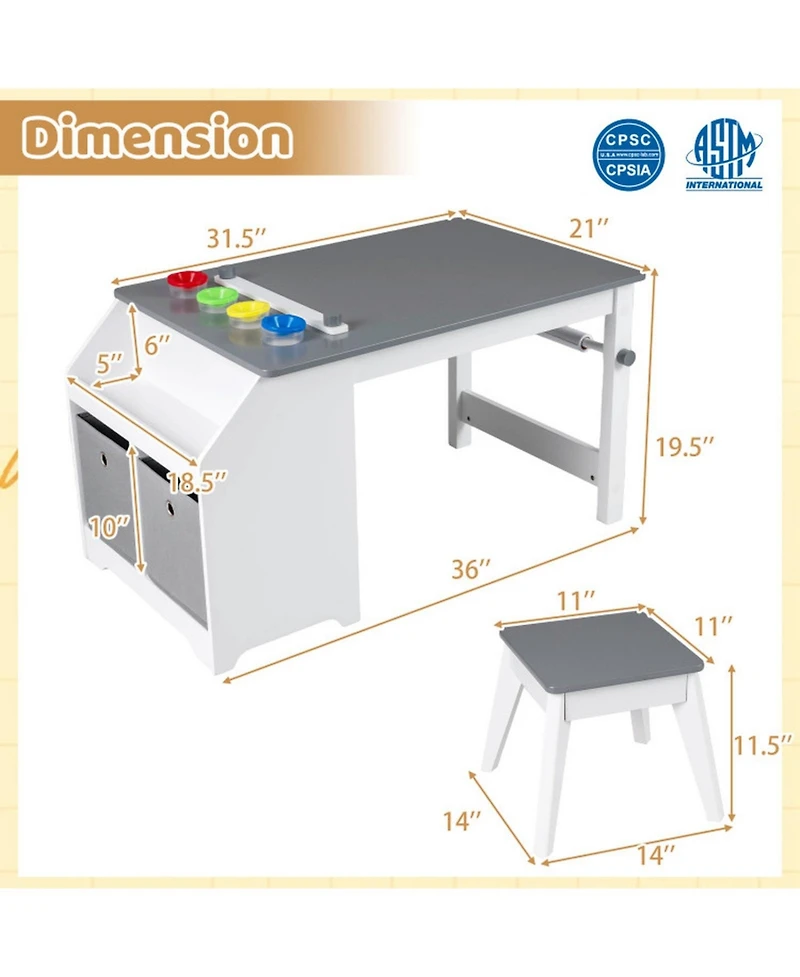Gouun Kids Art Table and Stool Set with Paper Roll and 4 Paint Cups