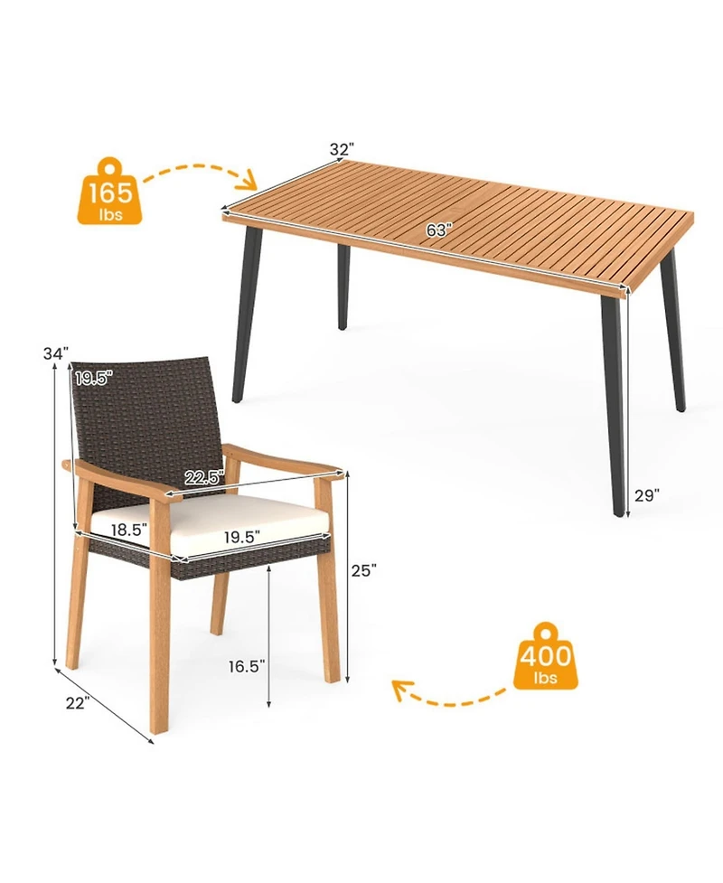 Gouun 7-Piece Outdoor Dining Set with 63 in Acacia Wood Table, 6 Pe Rattan Armchairs and Cushions