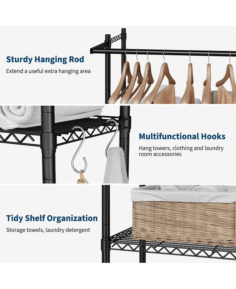Homfan 4-Tier Over Washer and Dryer Storage Rack - Adjustable Metal Shelves with Clothes Drying Rods and Hooks