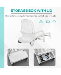 Outsunny Folding Chaise Lounge Chair on Wheels with Storage Box, Lightweight Plastic Sun Recliner with 5 Position Backrest for Beach & Pool, White