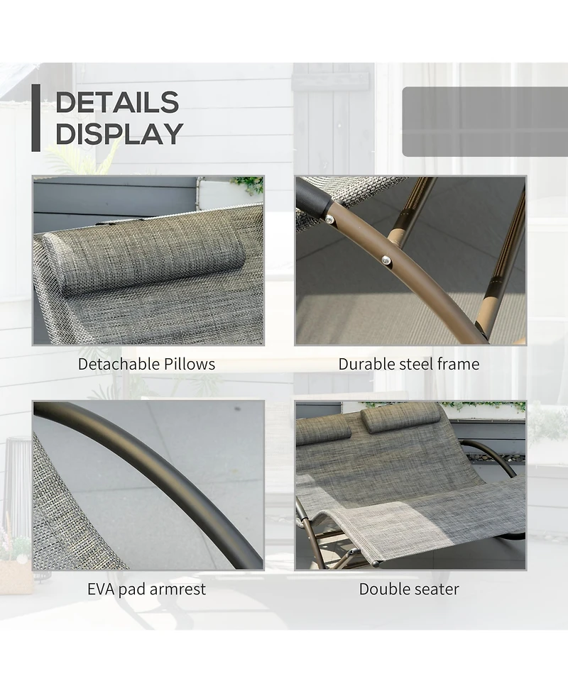 Outsunny Outdoor Double Chaise Rocking Chair, Day Bed Sun Lounger with Canopy Shade, Headrest Pillow, Armrests for Garden, Poolside, Light Gray