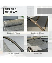Outsunny Outdoor Double Chaise Rocking Chair, Day Bed Sun Lounger with Canopy Shade, Headrest Pillow, Armrests for Garden, Poolside, Light Gray