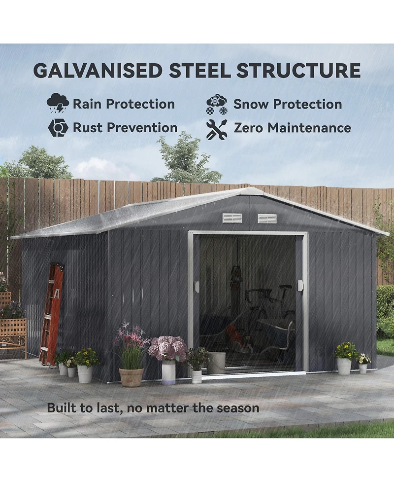 Outsunny 11' x 12.6' Storage Shed Garden Tool House w/ Vents Doors Charcoal