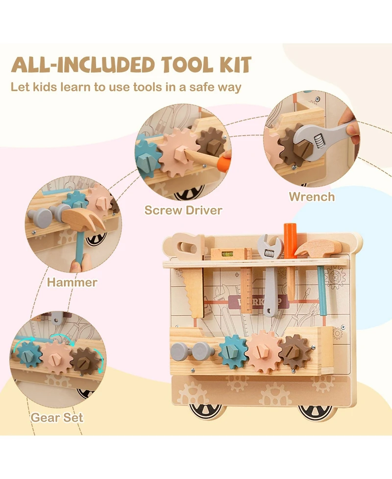 Slickblue Wooden Sensory Wall Panel with Vanity and Tool Box for Kids