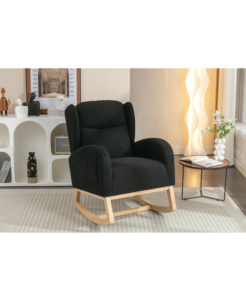 Flynama 1 Pc Teddy Fabric & Wooden Frame Built in Pocket Ergonomic Backrest Rocking Chair