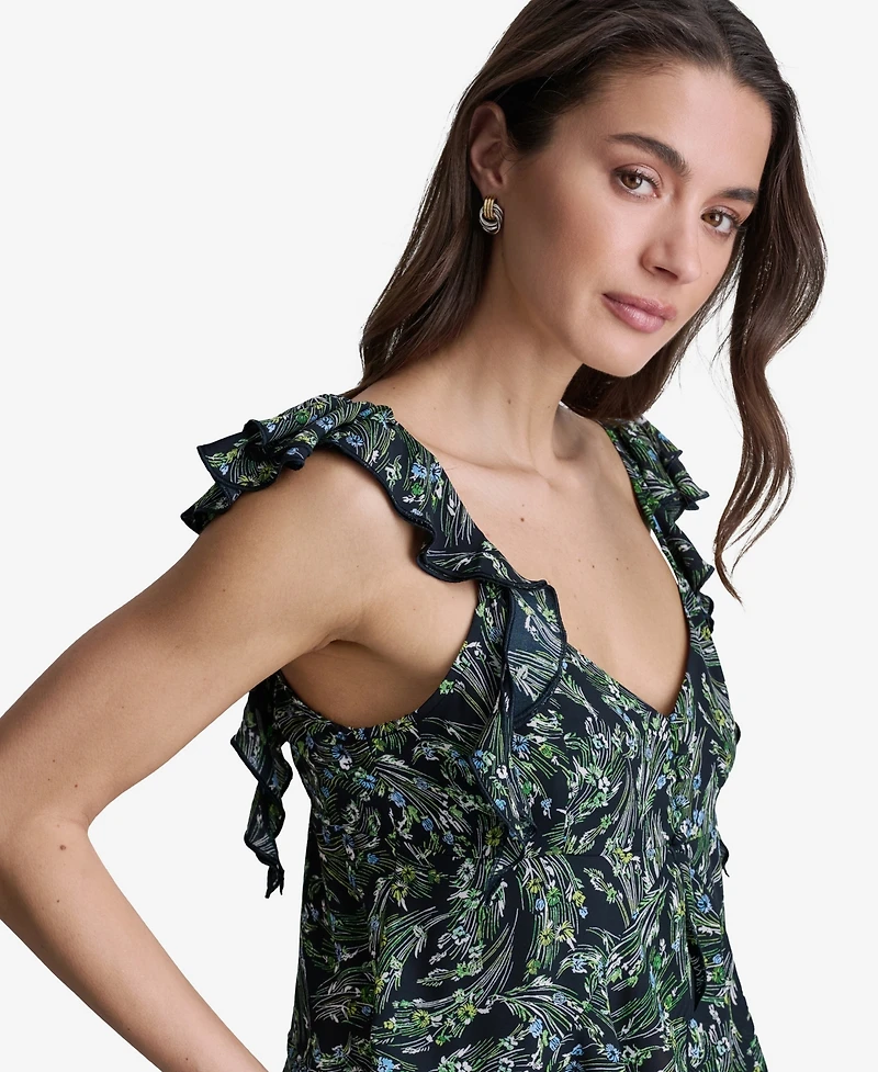 Bcbg Women's Floral Print Ruffled V-Neck Top