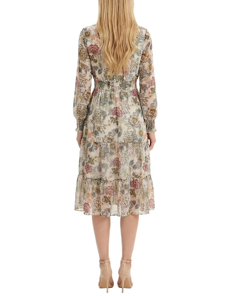 Ny Collection Women's Long-Sleeve Clip Dot Chiffon Dress with Smocked Waist and Cuffs