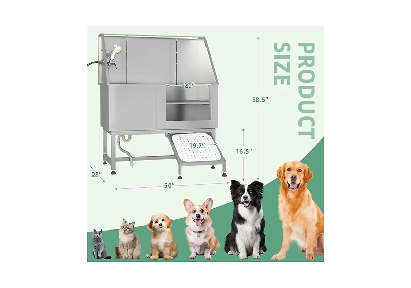 Aecojoy 50” Height Adjustable Stainless Steel Dog Bathtub with Ramp