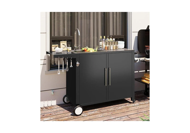 Aecojoy Outdoor Kitchen Sink with Hose Hook up, Stainless Steel Grill Prep Table Kitchen Cabinets Island