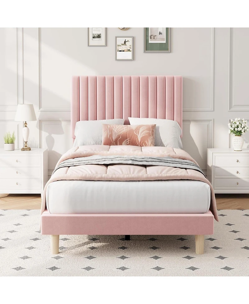 gaomon Twin Velvet Upholstered Bed Frame with Vertical Channel Tufted Adjustable Headboard