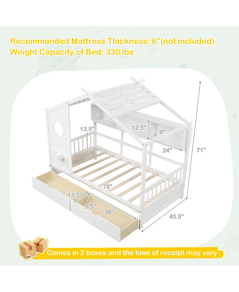Gymax House Bed Kids Bed Frame w/ 2 Storage Drawers & Fence Guardrails