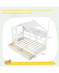 Gymax House Bed Kids Bed Frame w/ 2 Storage Drawers & Fence Guardrails