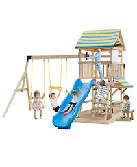 Slickblue Outdoor Wooden Swing Set with Slide, Deck and Steering Wheel
