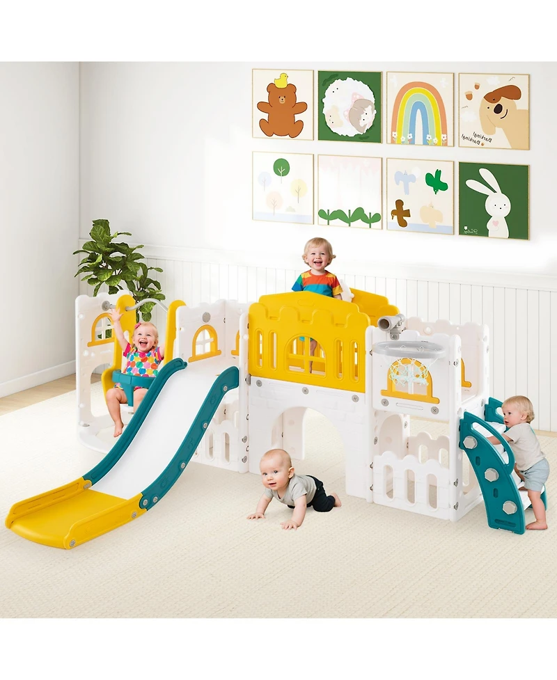 Slickblue Toddler 10 in 1 Slide Swing Climber Set with Basketball Hoop