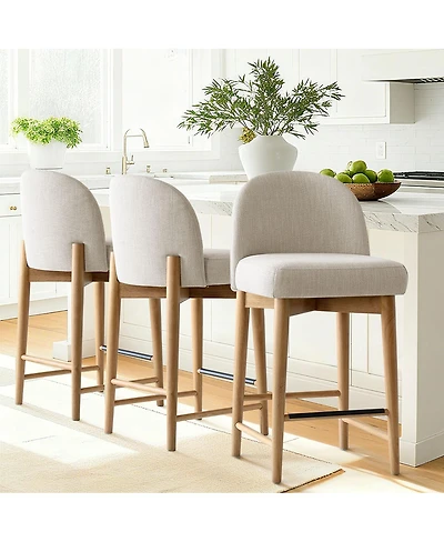 Maison Boucle Armless Upholstered Counter Height Stools Set of 3, Linen, Wood Legs
