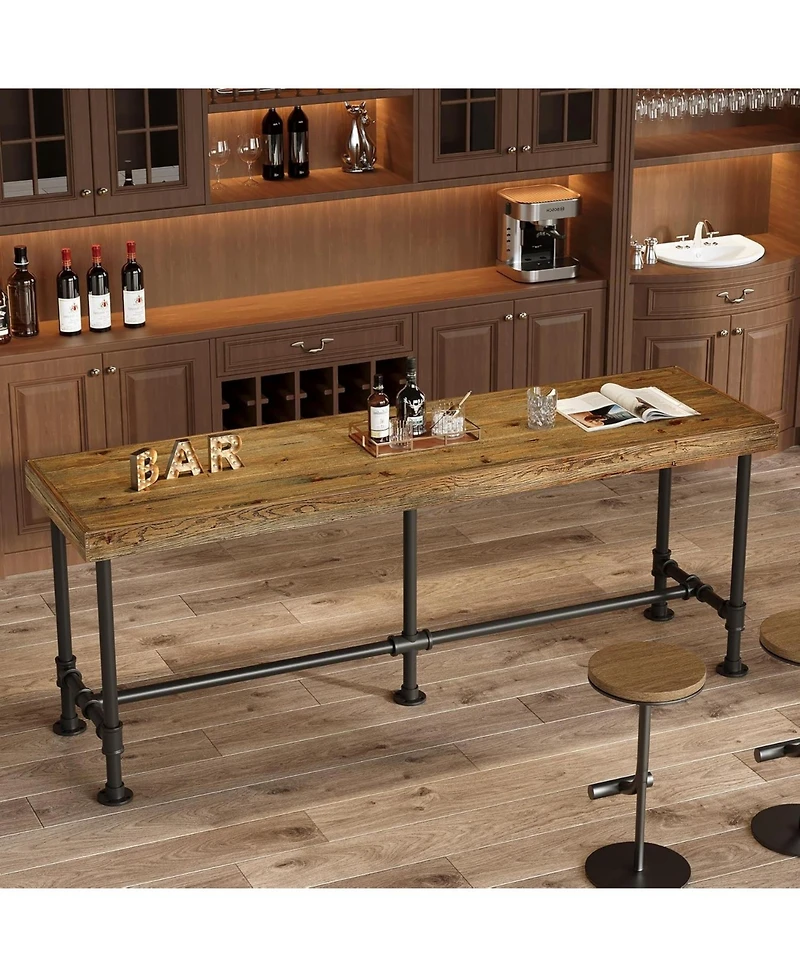 Tribesigns 70.9'' Long Solid Wood Bar Table for 6-8 People, Industrial Narrow Counter Height Pub Table with Metal Footrest