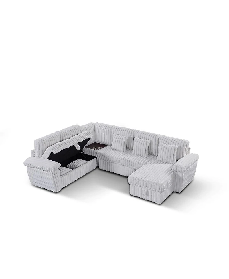 Streamdale Furniture 110" U-shaped corduroy sofa with storage, pull-out bed & coffee table