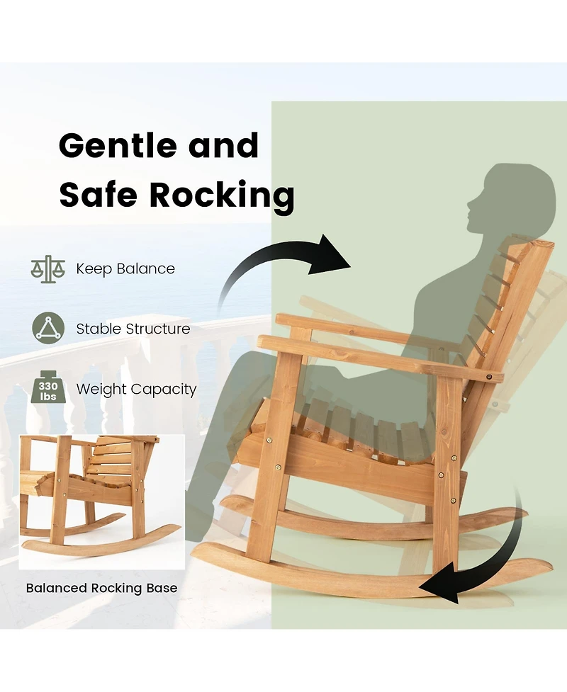 Gymax 2 Pcs Wooden Rocking Chair High Back Fir Wood Armchair Natural Garden Yard Patio