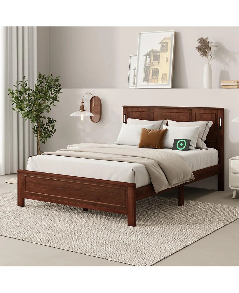 Streamdale Furniture Queen Led Usb Pinewood Bed w/ Tall Headboard