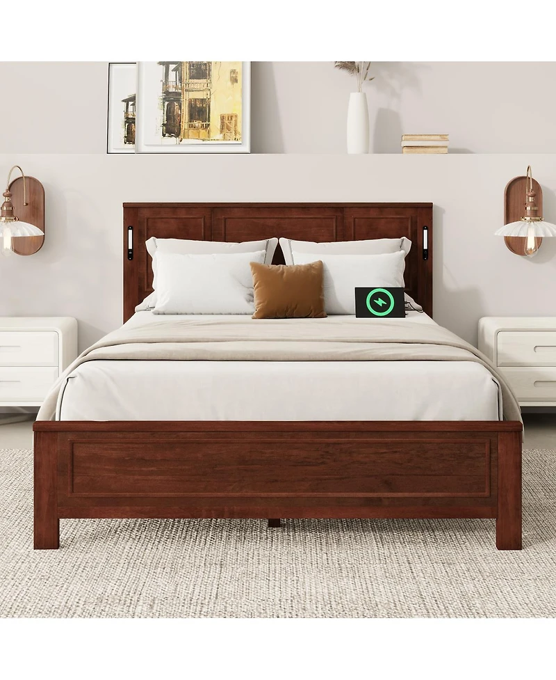 Streamdale Furniture Queen Led Usb Pinewood Bed w/ Tall Headboard