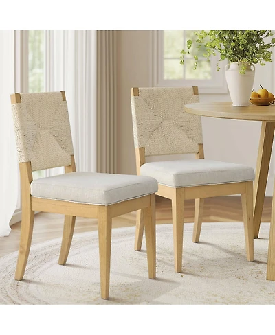 Maison Boucle Woven Rope Back Linen Upholstered Solid Wood Dining Chairs, Set of 2